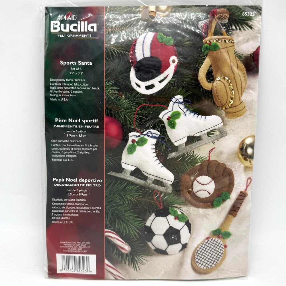 Bucilla Sports Santa Claus Christmas Ornament Kit Felt Applique Embroidery Set 6